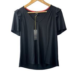 W5 Concepts Lightweight V-Neck Black Ribbed Top Ruffle Sleeves Medium New